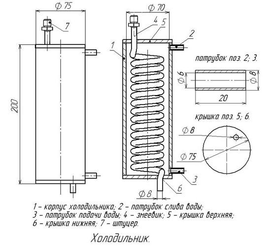 Вертикален кондензатор или хладилник с рефлукс-тръби Чертежи на кондензатори и хладилници
